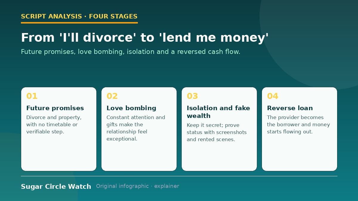 Diagram: future promises, love bombing, isolation with fake wealth and a reverse loan