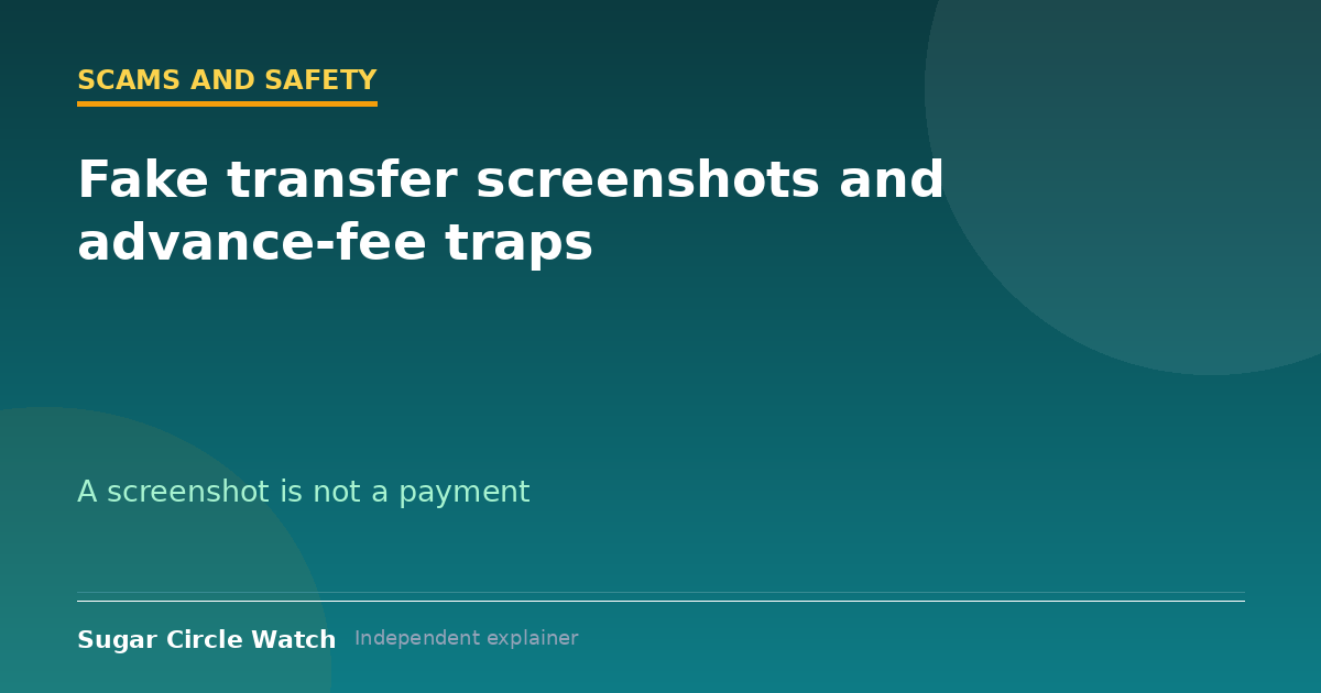 Fake transfer screenshots and advance-fee traps (illustration)